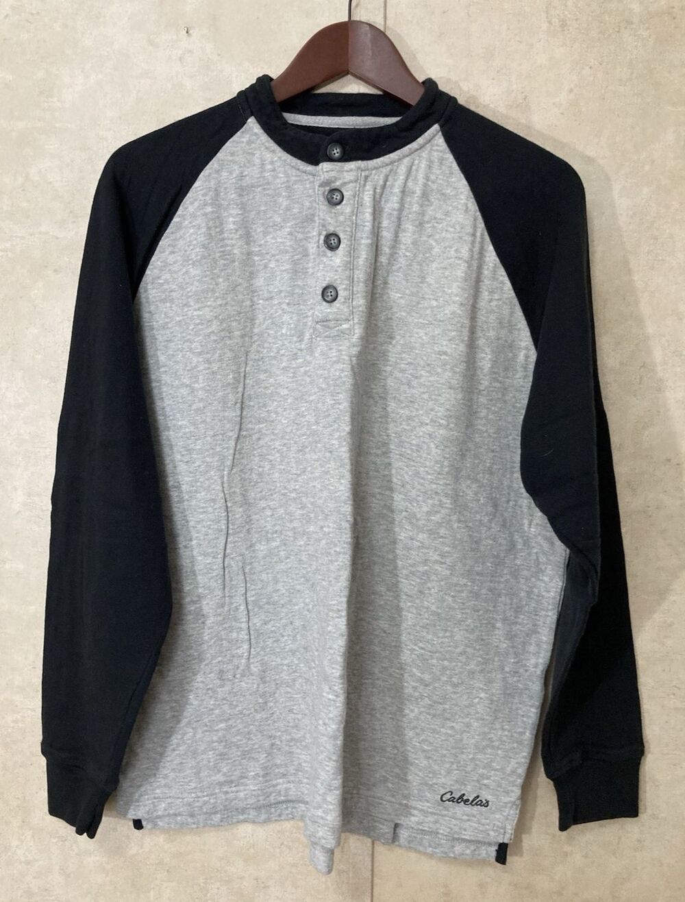 Cabelas Mens L Gray Black Henley Shirt Long Sleeve Heavy 2 Layer Casual Cotton - Picture 2 of 11